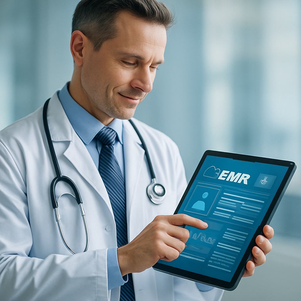 Physician using EMR on tablet